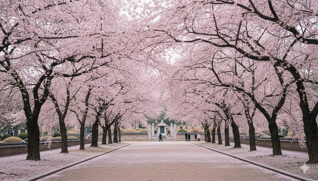 Weeping cherry trees at Seoul National Cemetery