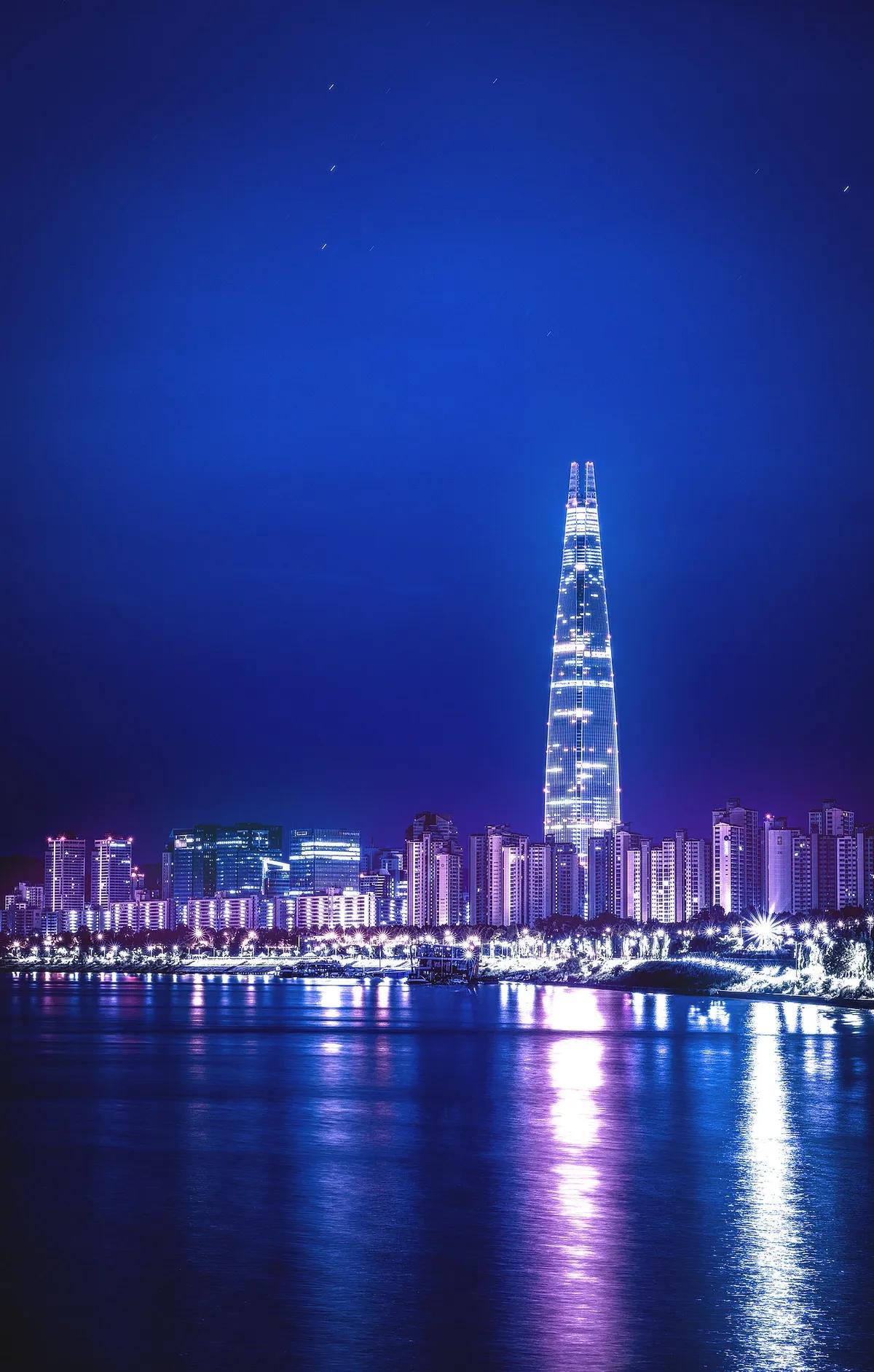 Lotte World Tower cyberpunk Seoul night